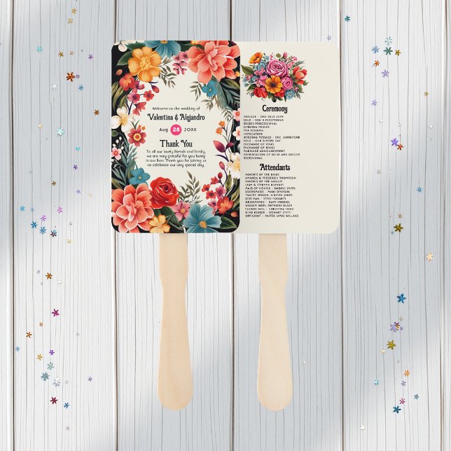 Vibrierendes Hochzeitsprogramm für Wasserfarben Fächer (Vibrant Watercolor Floral Fiesta Wedding Program Hand Fan)