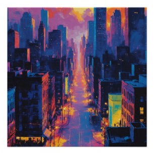 Vibrierendes Stadtbild bei Sunset Neon Lights Digi Poster