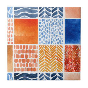 Vibrierendes Watercolor Grid Muster in Blau & Oran Fliese
