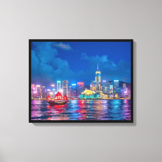 Victoria Harbour & Hong Kong Skyline bei Nacht Leinwanddruck (Vorderseite)