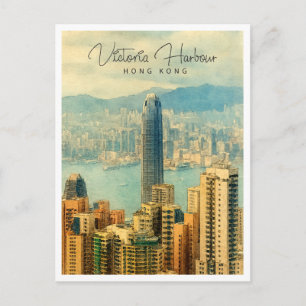 Victoria Harbour Hong Kong Watercolor Travel Card Feiertagspostkarte