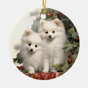Victorian American Eskimo Welpen Weihnachten Keramik Ornament