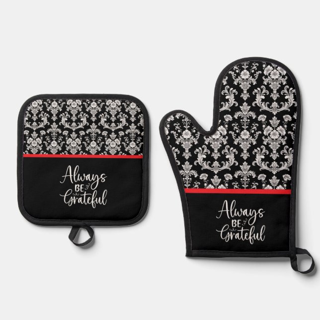 Victorian Black and White Damask Pattern Ofenhandschuh & Topflappen-Set (Vorderseite)