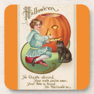 Victorian Boy Carving Pumpkin Halloween Untersetzer