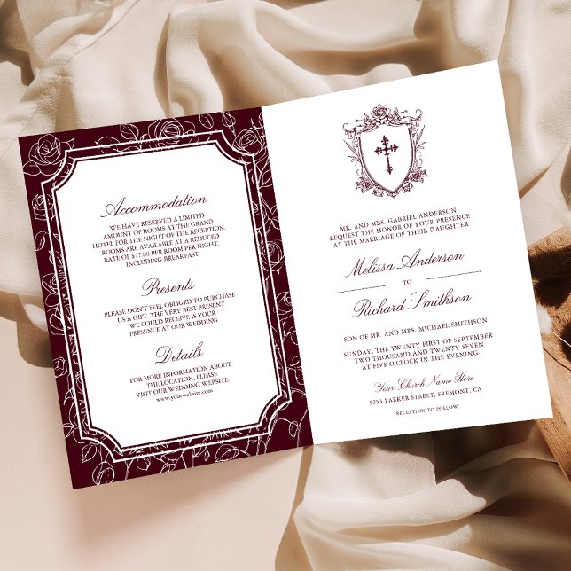 Victorian Burgundy Catholic QR Code Wedding Einladung (Von Creator hochgeladen)