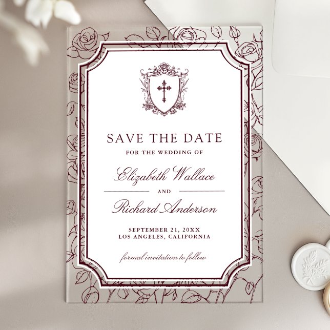 Victorian Burgundy Catholic Wedding Save the Date Acryleinladungen (Von Creator hochgeladen)