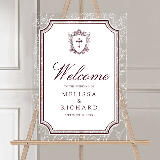 Victorian Burgundy Catholic Wedding Welcome Acrylschild (Von Creator hochgeladen)