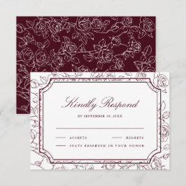 Victorian Burgundy Floral Line Art Wedding RSVP Karte