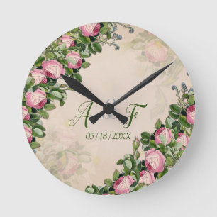 Victorian Bush Garden Green with Pink Roses Runde Wanduhr
