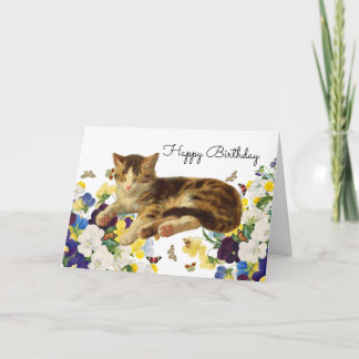 Victorian Cat Nap Floral Butterfly Happy Birthday Dankeskarte