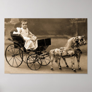 Victorian Child in Antique Wooden Horse Toy Wagon Poster