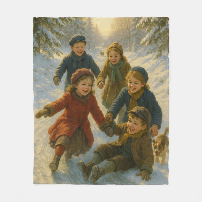 Victorian Christmas Blanket – Kids Playing in Snow Fleecedecke (Vorderseite)