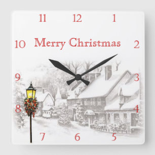 Victorian Christmas Town Custom Square Wall Clock Quadratische Wanduhr