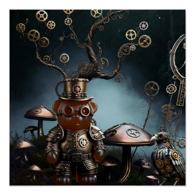 Victorian Clockwork Gummy Bear Mechanical Raven Poster (Vorderseite)