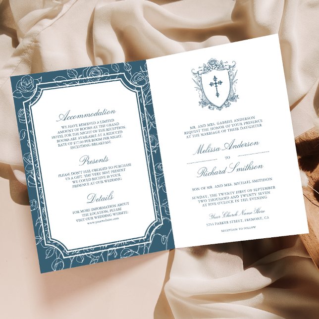 Victorian Dusty Blue Catholic QR Code Wedding Einladung (Von Creator hochgeladen)