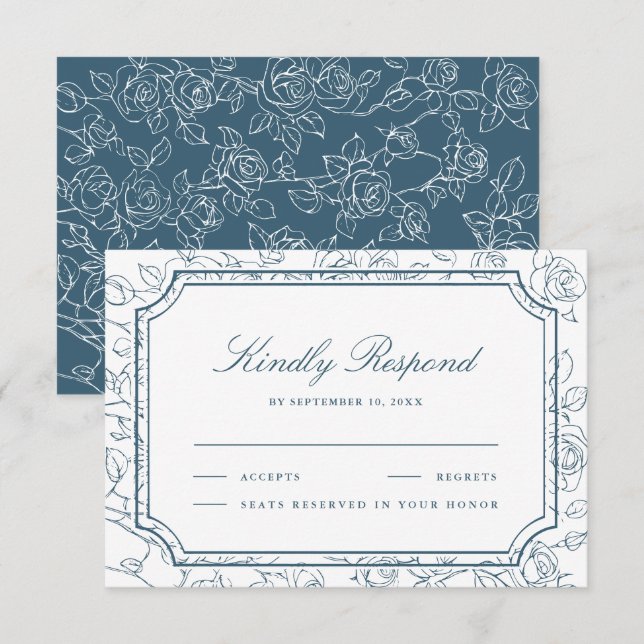 Victorian Dusty Blue Floral Line Art Wedding RSVP Karte (Vorne/Hinten)