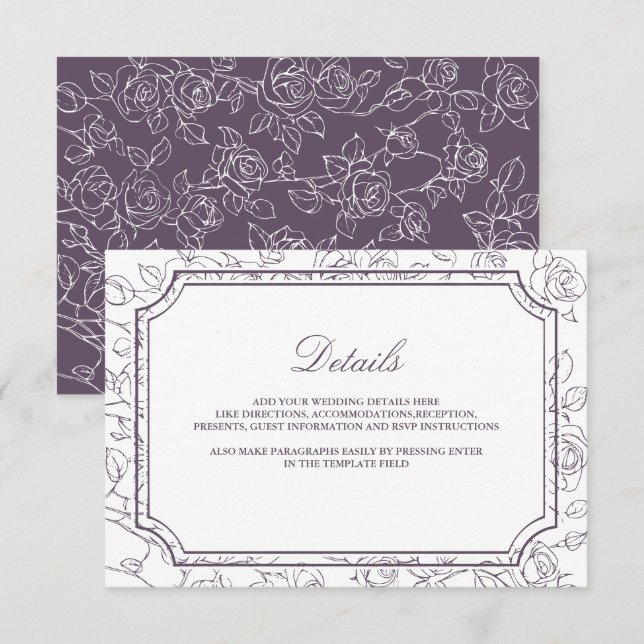Victorian Dusty Purple Line Art Wedding Details Begleitkarte (Vorne/Hinten)