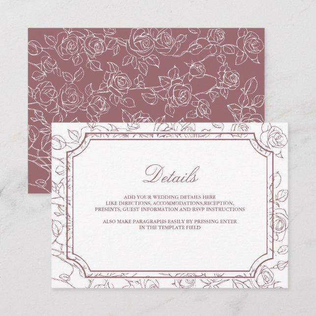 Victorian Dusty Rose Line Art Wedding Details Begleitkarte (Vorne/Hinten)