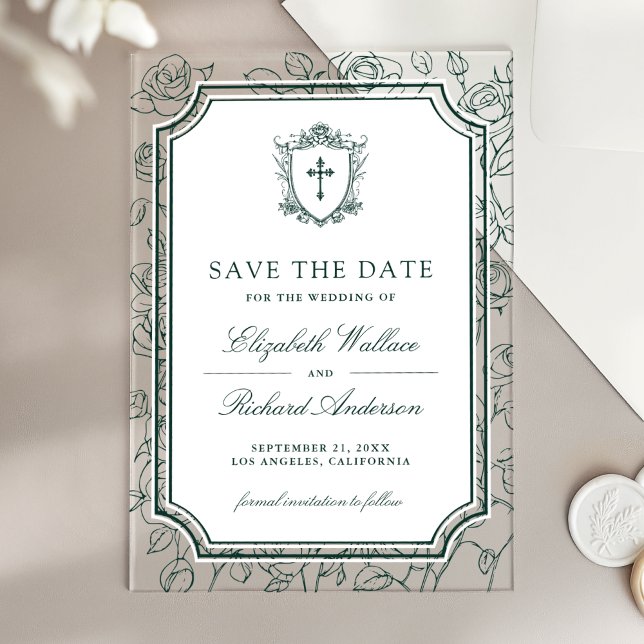 Victorian Emerald Catholic Wedding Save the Date Acryleinladungen (Von Creator hochgeladen)