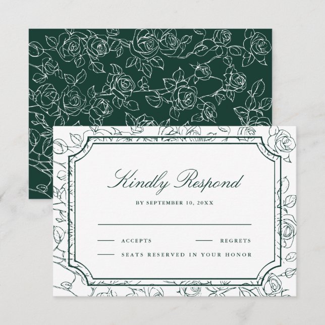 Victorian Emerald Green Floral Line Art Wedding RSVP Karte (Vorne/Hinten)