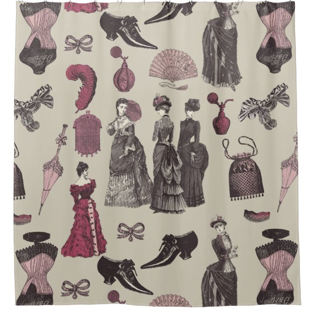 victorian era fashion women toile beige duschvorhang (Vorderseite)