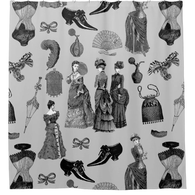 victorian era fashion women toile black white duschvorhang (Vorderseite)