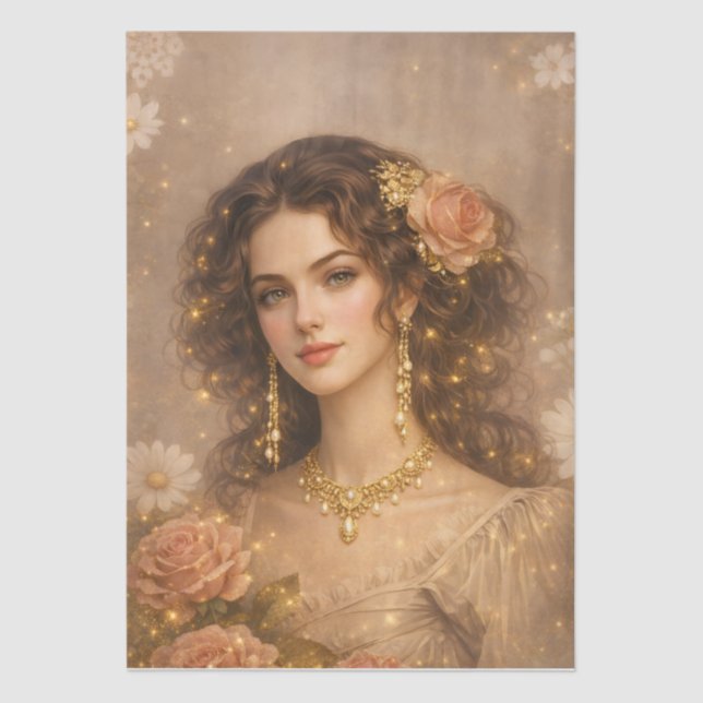 Victorian Era Lady Golden Rose Portrait Style Seidenpapier (Vorderseite)
