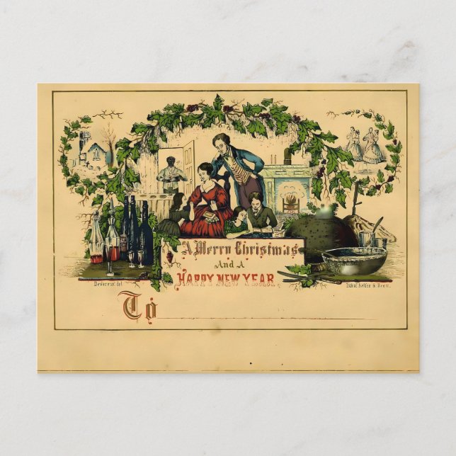 Victorian Family Christmas & Happy New Year Postkarte (Vorderseite)