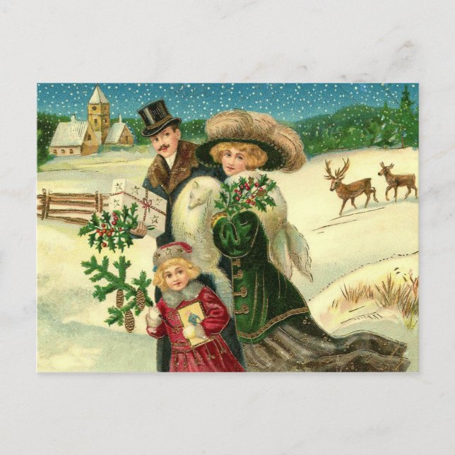 Victorian family in the snow Christmas scene Postkarte (Vorderseite)