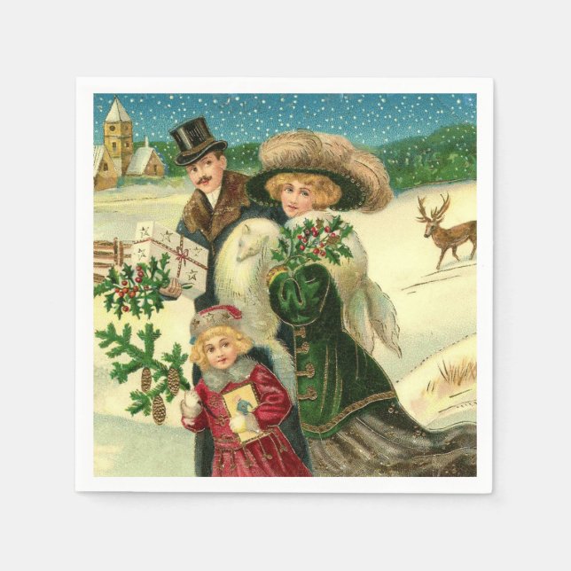 Victorian family in the snow Christmas scene Serviette (Vorderseite)