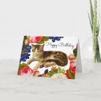 Victorian Floral Butterfly Cat Nap Happy Birthday Dankeskarte
