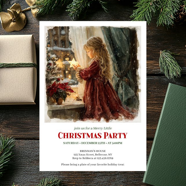 Victorian girl awaits Santa printable holiday  Einladung (Victorian girl awaits Santa printable holiday invite)