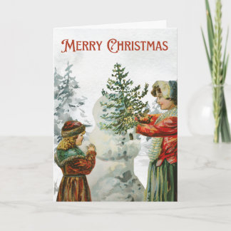 Victorian Girls Building a Snowman  Karte