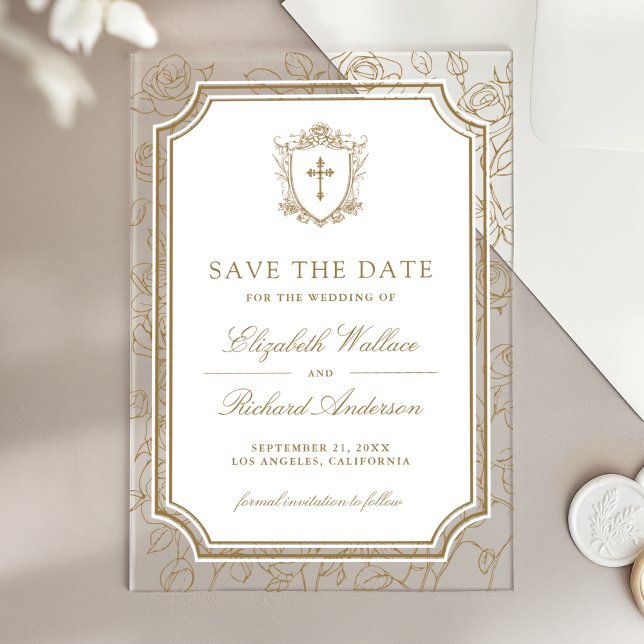 Victorian Gold Catholic Wedding Save the Date Acryleinladungen (Von Creator hochgeladen)