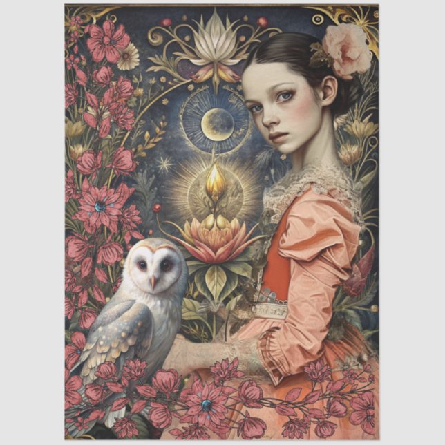 Victorian Gothic Girl White Owl Floral Collage Seidenpapier (Vorderseite)
