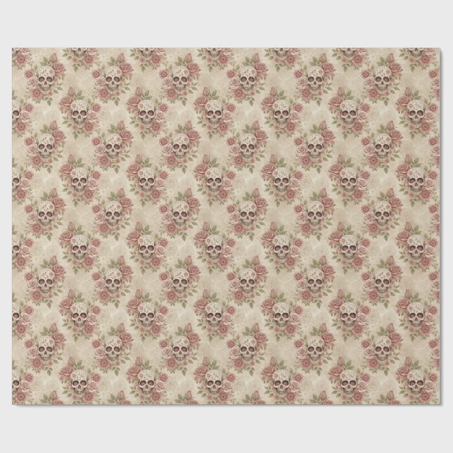 Victorian Gothic Skull & Rose Wrapping Paper Geschenkpapier (Flach)