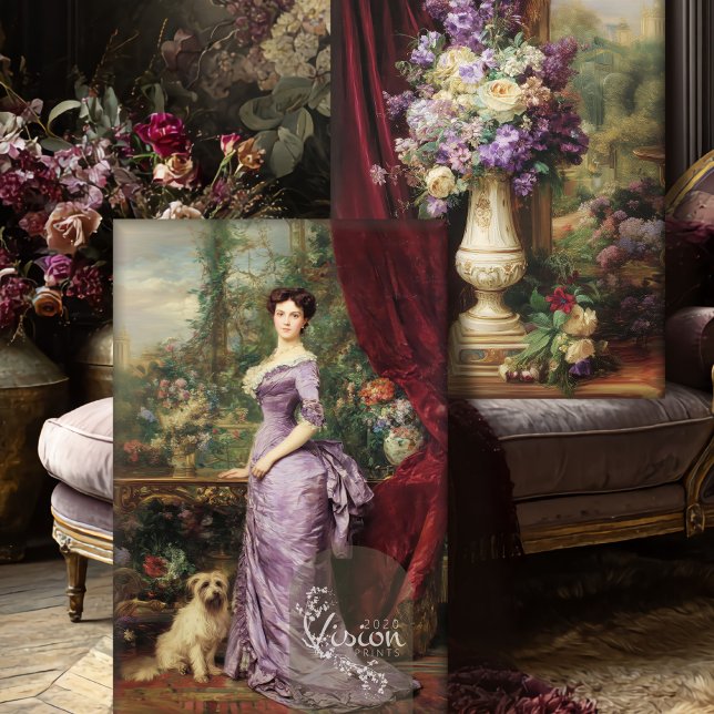 Victorian Lady English Garden Portrait Decoupage  Geschenkpapier Set (Close up of a vintage lady portrait & still life floral, against a purple French living room scene.)