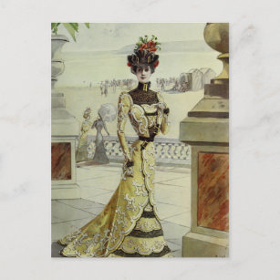 Victorian Lady-Vintage French Fashion-Yellow Dress Postkarte