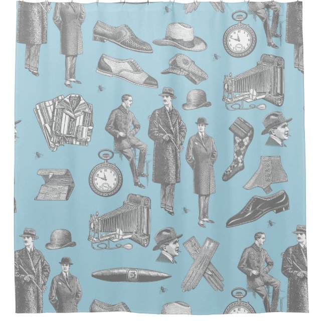 victorian men's style antique menswear toile blue duschvorhang (Vorderseite)