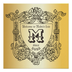 Victorian Monogram Medieval Emblem Shield Gold Poster