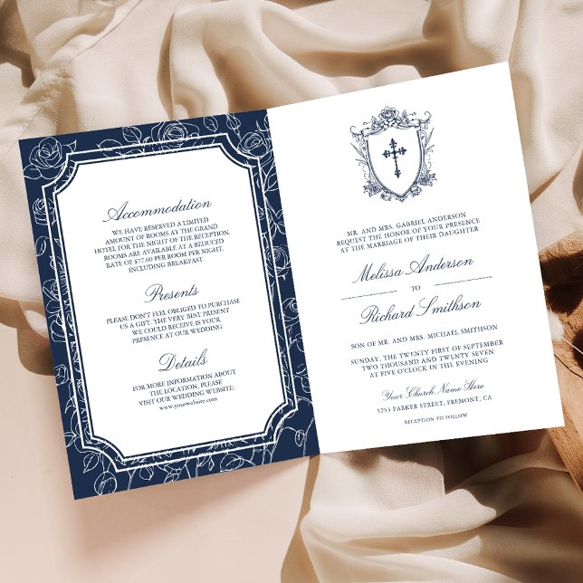 Victorian Navy Blue Catholic QR Code Wedding Einladung (Von Creator hochgeladen)