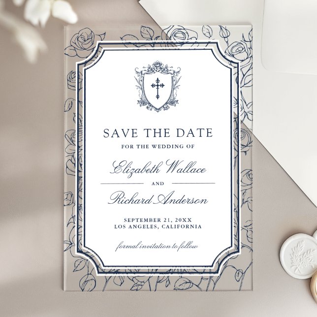 Victorian Navy Blue Catholic Wedding Save the Date Acryleinladungen (Von Creator hochgeladen)