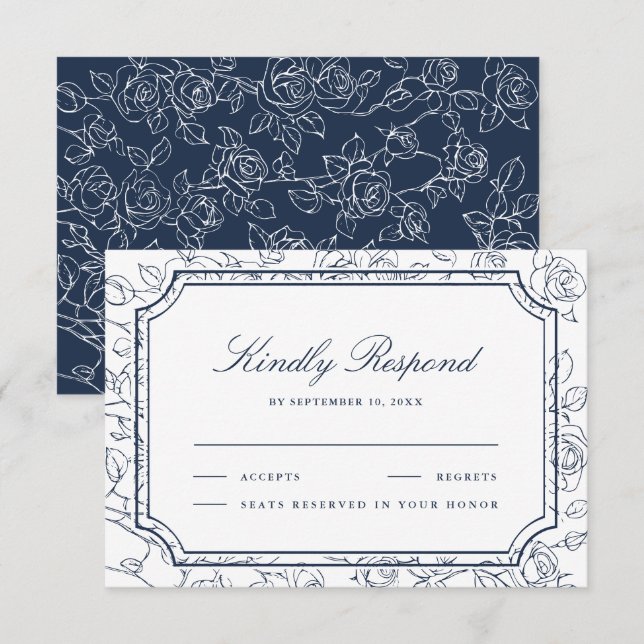 Victorian Navy Blue Floral Line Art Wedding RSVP Karte (Vorne/Hinten)