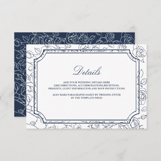 Victorian Navy Blue Line Art Wedding Details Begleitkarte (Vorne/Hinten)