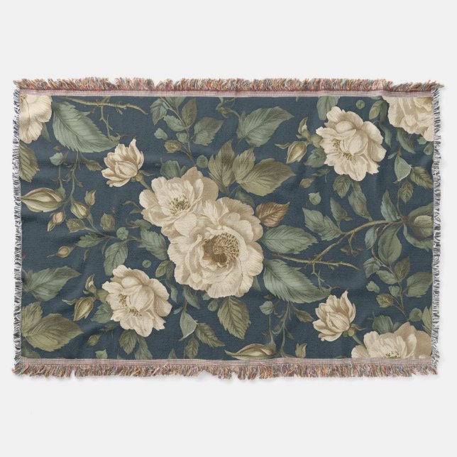 Victorian Navy & Cream Floral Botanical Blanket Decke (Vorderseite)