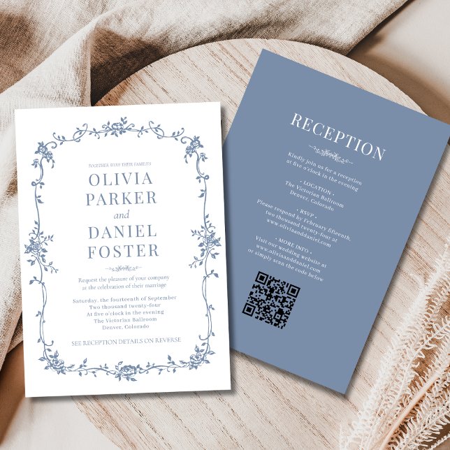 Victorian QR Code All in One Dusty Blue Wedding  Einladung (Von Creator hochgeladen)