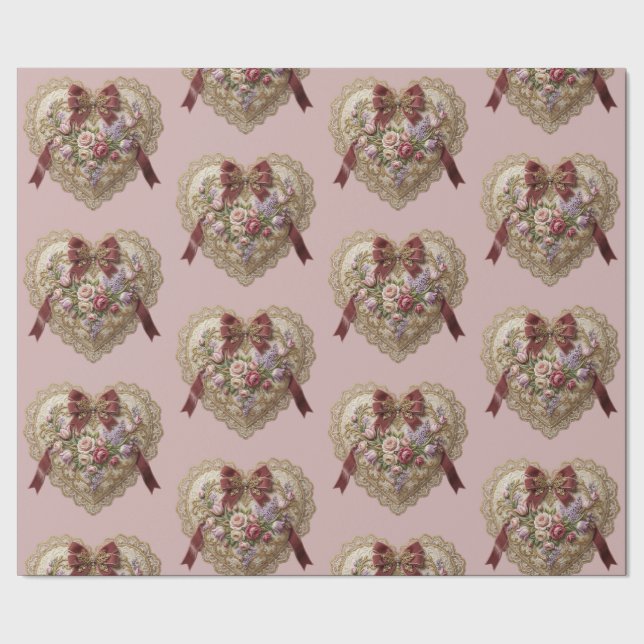 Victorian Rose Lace Heart Wrapping Paper Geschenkpapier (Saum)