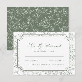 Victorian Sage Green Floral Line Art Wedding RSVP Karte