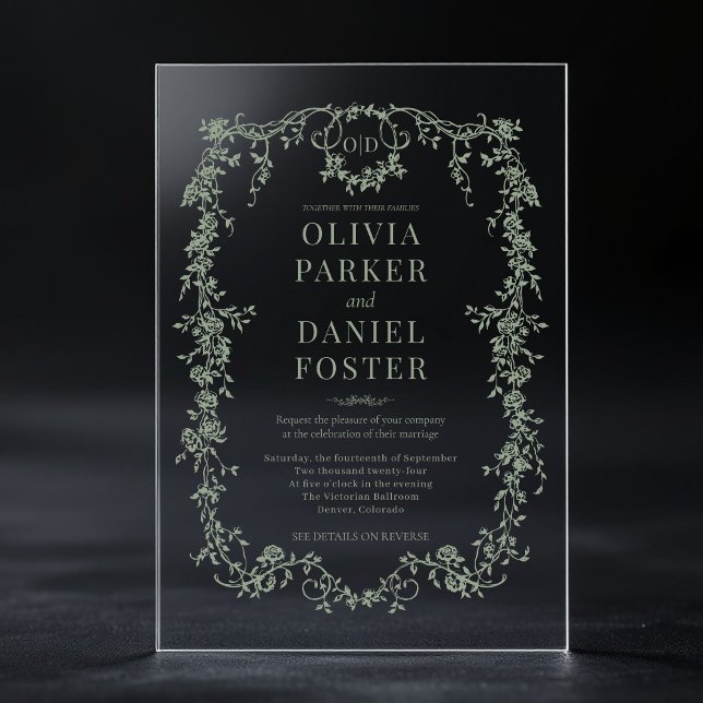 Victorian Sage Green Wedding Monogram Acryleinladungen (Von Creator hochgeladen)