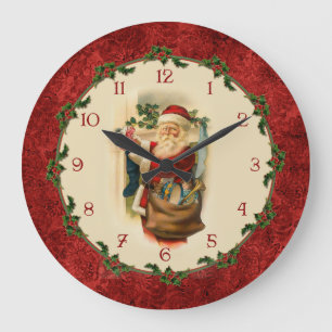 Victorian Santa Claus with Holly Border Große Wanduhr